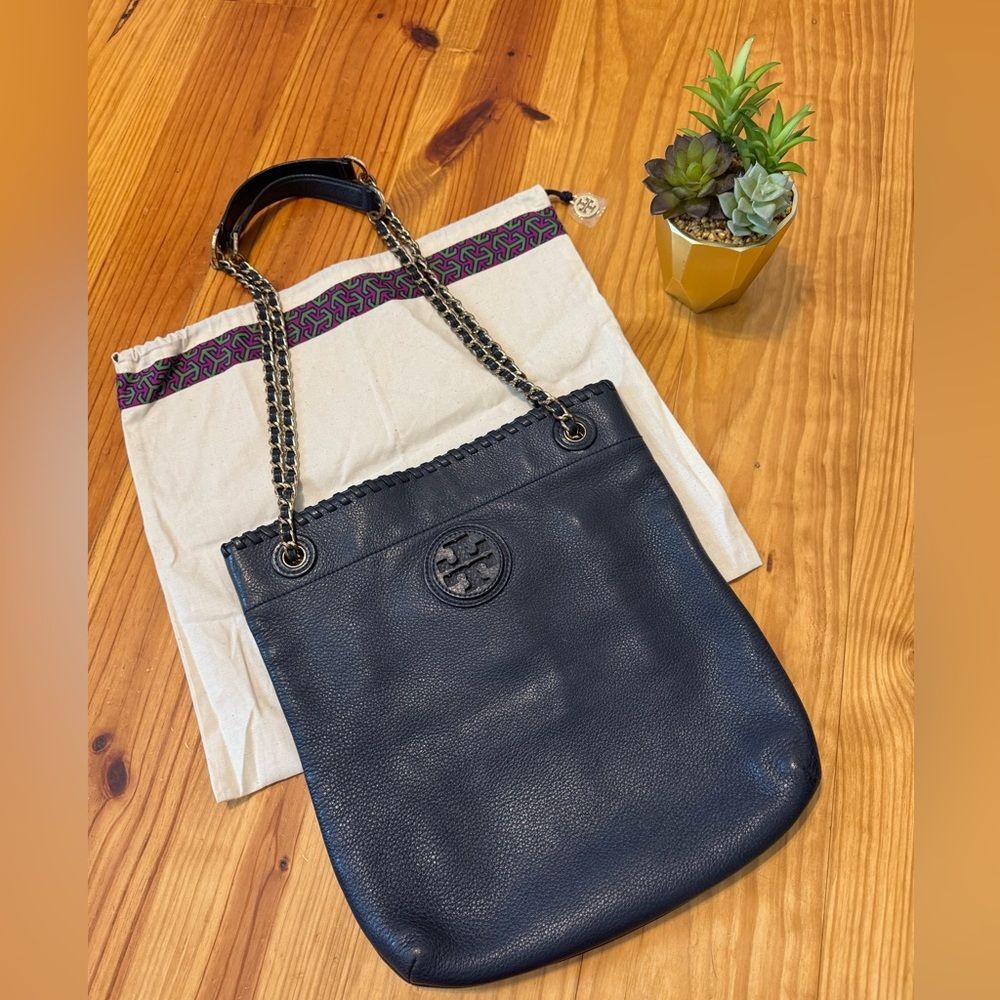 Tory Burch Marion Whipstitch Medium Navy Blue Pebbled Leather 2 Way Purse Bag
